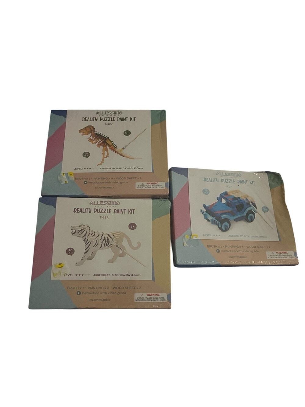 Allessimo Reality 3D Wooden T-REX,Tiger Jeep Puzzle Model Paint Kit Kids Lot